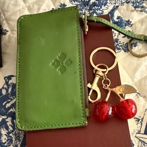Patricia Nash Green Leather Card Holder with unbranded Cherry Keychain bag charm